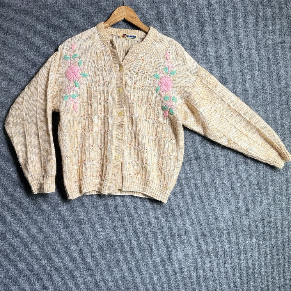 Magic R.V. Oswal Floral Embroidered Beaded Knit Cardigan Oversized Cottagecore